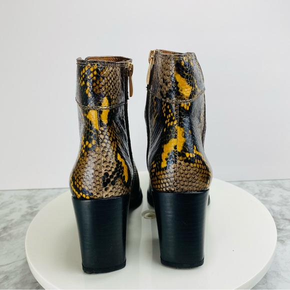 Franco Sarto Leather Ankle Boots 6.5 Lizzard Brown Yellow Zip Block Heel Square - Picture 5 of 7